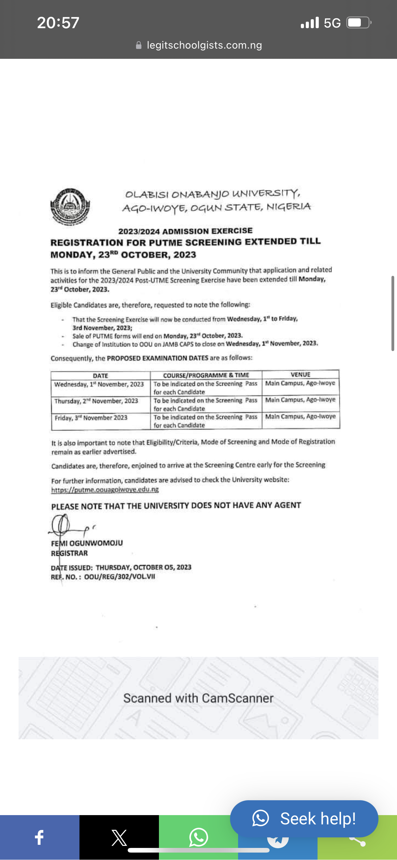 OOU Post UTME screening registration extended, 2023/2024 Learn Academia